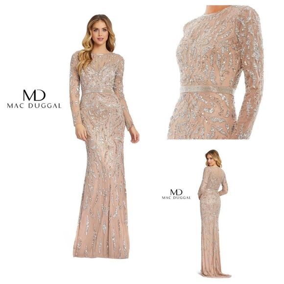 NWT Mac Dugall BEADED LONG SLEEVE EVENING GOWN in Mocha Style 124 Size 16 - Picture 1 of 14